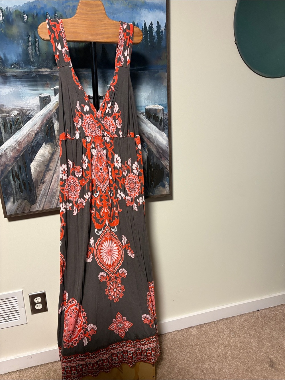 INC International Concepts Brown Maxi Dress with Red Coral Print